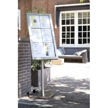 6xA4 stainless steel illuminated menu holder on stand SECURIT Information Displays