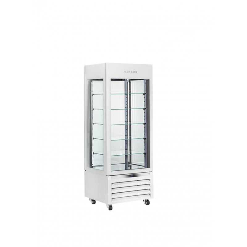 VRP404W Refrigerated Panoramic Pastry Display Case | White VERSUS Rotating cake cases