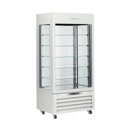 VRP604W Refrigerated Panoramic Pastry Display Case | White VERSUS Rotating cake cases